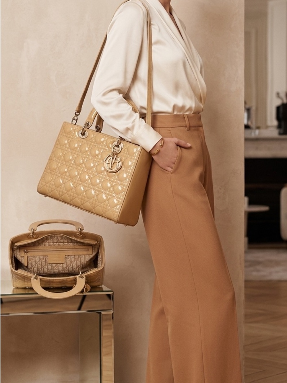 Dior Nude Quilted Lady Tote with Gold Charm - Picture 2 of 4